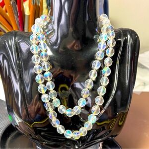 Vintage faceted round crystal AB 32” necklace and matching pierced earrings